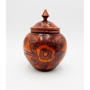 Vintage Wooden Hand Carved Floral Tobacco/Ginger/Tea Lidded Jar Bowl 7.5 Inch